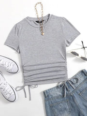 DRAWSTRING SIDE SOLID TEE-GREY