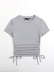 DRAWSTRING SIDE SOLID TEE-GREY