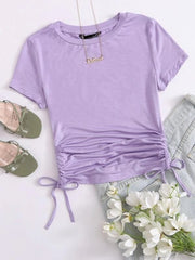 DRAWSTRING SIDE SOLID TEE-LILAC