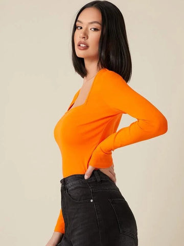 SQUARE NECK FORM FITTED TEE-ORANGE