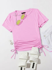 DRAWSTRING SIDE SOLID TEE-PINK