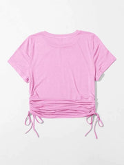 DRAWSTRING SIDE SOLID TEE-PINK
