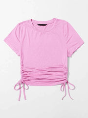 DRAWSTRING SIDE SOLID TEE-PINK