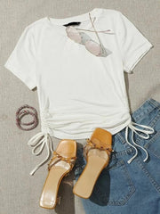 DRAWSTRING SIDE SOLID TEE-WHITE