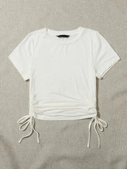 DRAWSTRING SIDE SOLID TEE-WHITE