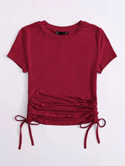DRAWSTRING SIDE SOLID TEE-WINE
