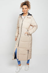MAXI ZIP DETAIL PUFFER LONG JACKET-BEIGE