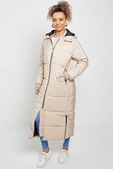 MAXI ZIP DETAIL PUFFER LONG JACKET-BEIGE