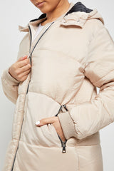 MAXI ZIP DETAIL PUFFER LONG JACKET-BEIGE