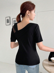 CONTRAST MESH ASYMMETRICAL NECK TEE GOING OUT TOPS