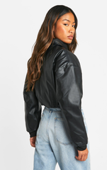 FAUX LEATHER CROPPED COLLAR DETAIL JACKET