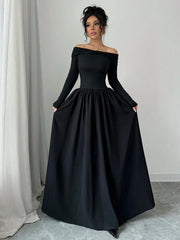RAFFERIZA OFF-SHOULDER LONG SLEEVE TWIST FRONT A-LINE POCKET MAXI ELEGANT DRESS
