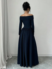 RAFFERIZA OFF-SHOULDER LONG SLEEVE TWIST FRONT A-LINE POCKET MAXI ELEGANT DRESS