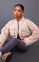 CROPPED RUCHED SLEEVE UTILITY POCKET BOMBER JACKET