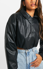 FAUX LEATHER CROPPED COLLAR DETAIL JACKET