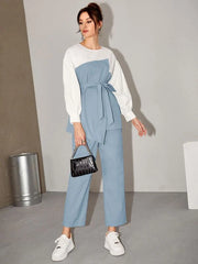 WOMEN’S TWO TONE BELTED TOP & PANTs 2 PIECE SET