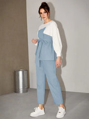 WOMEN’S TWO TONE BELTED TOP & PANTs 2 PIECE SET