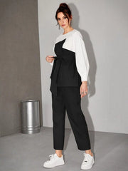 WOMEN’S TWO TONE BELTED TOP & PANTs 2 PIECE SET