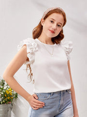 Teen Girls' Fitted Knit Top With Round Neck And Ruffle Trim Detail