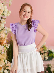 Teen Girls' Fitted Knit Top With Round Neck And Ruffle Trim Detail