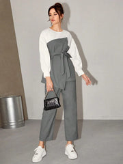 WOMEN’S TWO TONE BELTED TOP & PANTs 2 PIECE SET