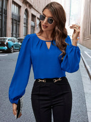 SOLID COLOR KEYHOLE NECK LANTERN SLEEVE ELEGANT BLOUSE