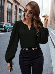 SOLID COLOR KEYHOLE NECK LANTERN SLEEVE ELEGANT BLOUSE