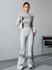 WOMEN'S PLEATED SLIM FIT TOP AND FLARED PANTS