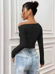 SOLID COLOR ASYMMETRIC COLLAR PLEATED CROPPED TOP