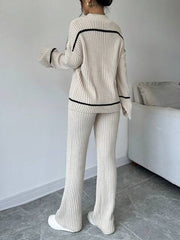 WOMEN CONTRAST STRIPED PRINT TURTLENECK SWEATER AND SOLID COLOR PANTS SET