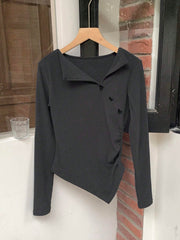 ASYMMETRICAL NECK BOW DECOR SLIM FIT LONG SLEEVE TOP