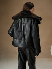 BLACK FLUFFY COLLAR LEATHER JACKET
