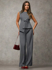 Women's Solid Color Asymmetric Hem Vest Blazer& And Pants Set