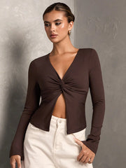 TWIST FRONT DESIGN V-NECK LONG SLEEVE TOP