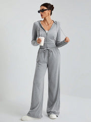 STREET STYLE HOODED MID-FRONT ZIPPER WITH WIDE-LEG TROUSER