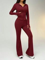 WOMEN'S SOLID COLOR ZIP-UP DRAWSTRING HOODED SHIRT AND FLARED PANTS SET
