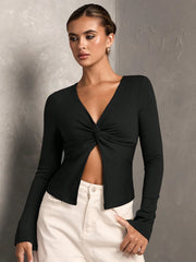 TWIST FRONT DESIGN V-NECK LONG SLEEVE TOP