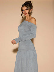 ASYMMETRIC NECK PLEATED SLIM FIT LONG SLEEVE TOP AND SKIRT