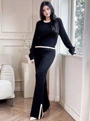 WOMEN CASUAL RIBBED KNIT SWEATER AND PANTS SET