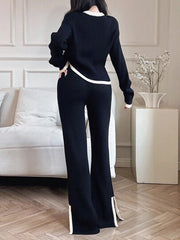 WOMEN CASUAL RIBBED KNIT SWEATER AND PANTS SET