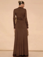 LONG SLEEVE MOCK NECK RUCHED DRESS