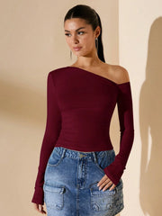 ASYMMETRICAL NECK LONG SLEEVE SLIM FIT CASUAL TOP