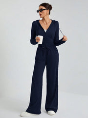 STREET STYLE HOODED MID-FRONT ZIPPER WITH WIDE-LEG TROUSER