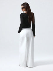DRAPED NECK SOLID COLOR LONG SLEEVE TOP