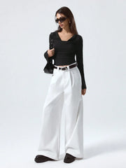 DRAPED NECK SOLID COLOR LONG SLEEVE TOP