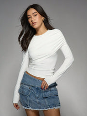 ASYMMETRIC DRAPED LONG SLEEVE CROP TOP