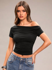 RUCHED ASYMMETRICAL SHOULDER SHORT SLEEVE CROPPED FITTED TOP