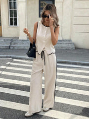WOMEN COLORBLOCK PIPING FRONT BUTTON CREW NECK SLEEVELESS TOP AND DRAWSTRING LONG PANTS SET