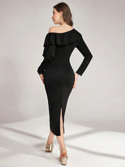 ASYMMETRICAL SHOULDER RUFFLE TRIM WAIST CINCHED WAIST MIDI DRESS