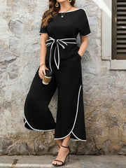WOMEN CREW NECK SHORT SLEEVE TOP AND POCKET FRONT WIDE LEG PANT